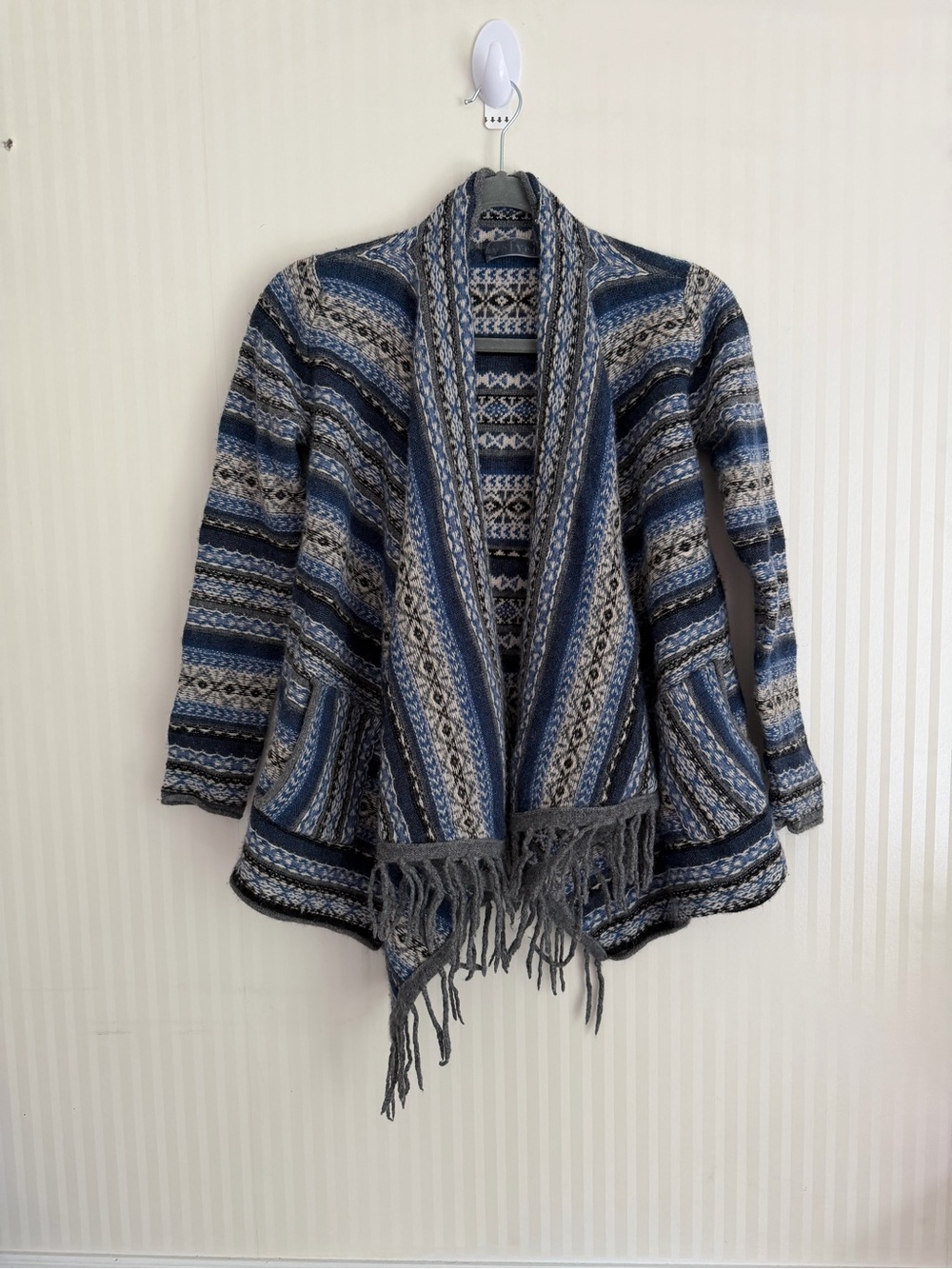Velvet by Graham & Spencer S Blue Fair Isle Fringe Wool Open Front Sweater